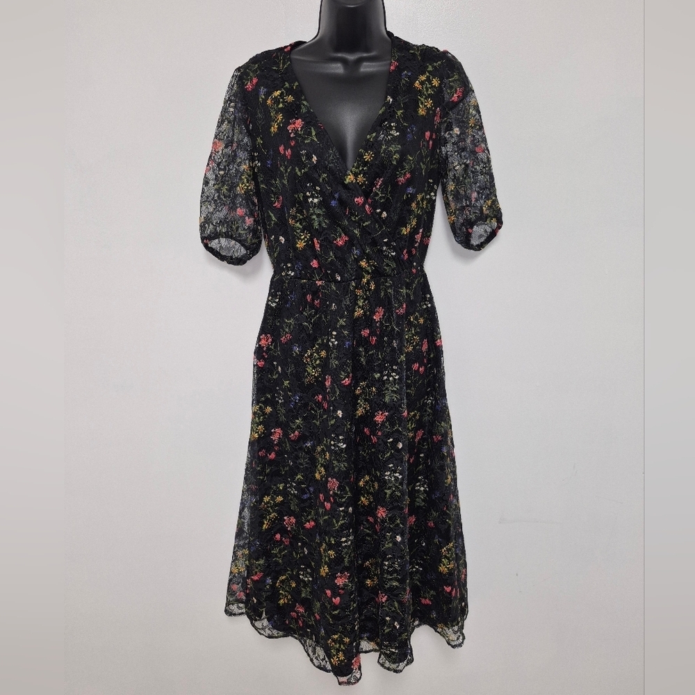 Oasis Colorful Floral Lace Fairy Romantic Ethereal Midi Dress sz S